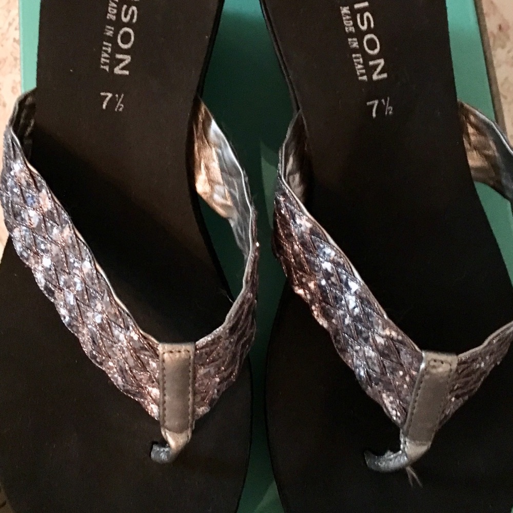 Madison Silver Thong Wedge Sandals- 71/2 Italy
